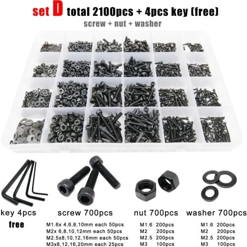 400/2100pc M1.6 M2 M2.5 M3 M4 M5 Black Grade 12.9 Steel Hexagon Hex Socket Cap Head Screw Bolt Nut Washer Set Assortment Kit Box