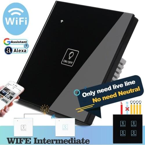 No need neutral) WIFI Touch Light Wall Switch Black Glass Blue LED Smart Home Phone Control 1 Gang 2 Way Alexa Google Home