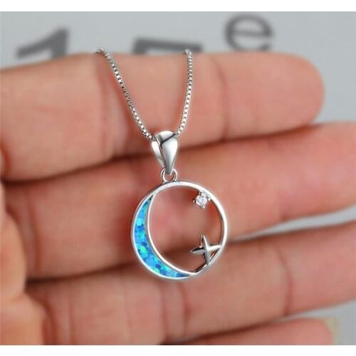 Cute Star Moon Crystal Necklace Luxury Female White Blue Opal Pendant Necklace Rose Gold Silver Color Chain Necklaces For Women