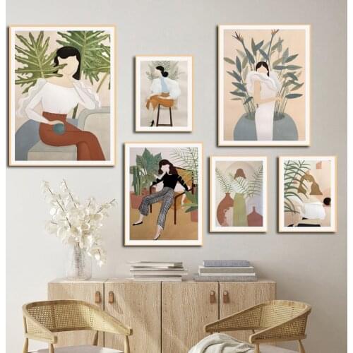 Abstract Fashion Girl Potted Leaf Plant Nordic Posters And Prints Modern Wall Art Canvas Painting Decor Pictures For Living Room
