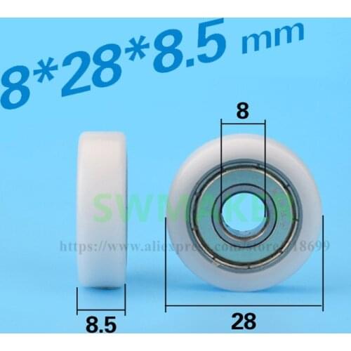 8*28*8.5 mm flat type flat insert bearing roller wrapped rubber covered plastic nylon POM POM pulley