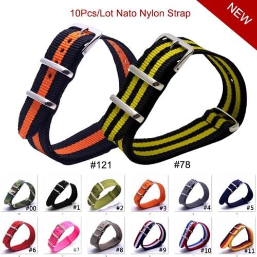 Wholesale Nylon Strap 10Pcs Nato Army Sport Watch Band Substitute dw Canvas Striped Wristband 18mm 20mm 22mm Silver Buckle Belt