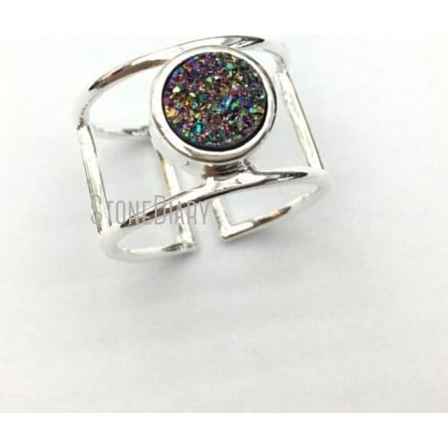 RM12694 Copper Ring Double Wrapped Titanium Rainbow Druzy Crystal Sliver Plated Circle Ring Adjustable