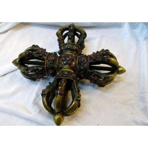 10" China Tibet brass inlay Gem Buddhism Talisman King Kong Bell Statue