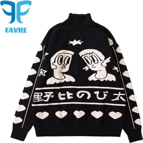FAVRE Cartoon Japanese Knitted Sweaters Men Autumn Winter Mock Neck Pullover Women Long Sleeve Loose Harajuku Sweater