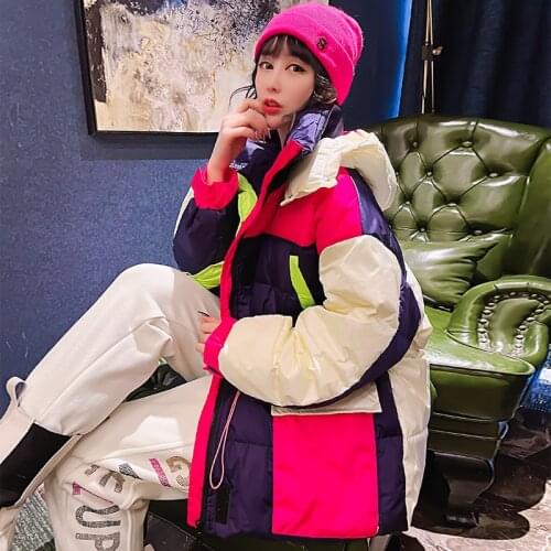 Top quality Winter Coat Womens Patchwork Color Block Down Jacket Hooded Female Parka Outerwear Warm Loose 90% Winter Down Coats