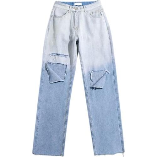 Spice Girls Gradual Change Jeans Womens High Waist Thin Straight Leg Pants Loose Retro Perforated Beggars' Pants Baggy Jeans