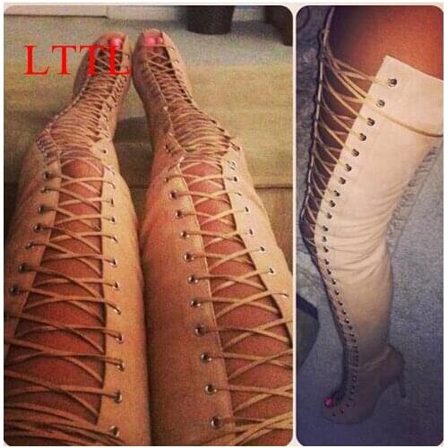 LTTL Top Quality Women Suede Gladiator Thigh High Boots Peep Toe High Heels Cut-outs Lace-up Boots in Stock
