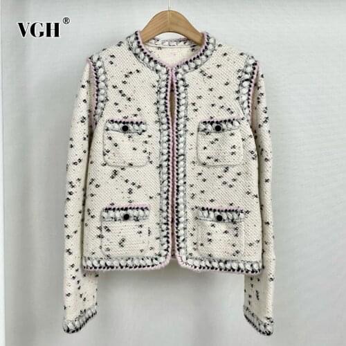 VGH Elegant Print Colorblock Patchwork Pockets Loose Cardigan For Women Round Neck Long Sleeve Korean Fashion Loose Sweaters New