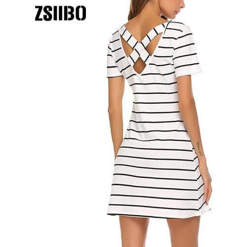 Simple Fashion Dress Lady Summer Large Size Mini Swing Dress Casual Stripe Criss Cross Short Sleeve T-Shirt Mini Dress