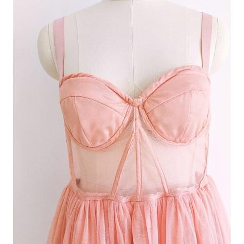 Fashion Summer Runway 2021 Women Spaghetti Strap Classic Pink Mesh See-Through Long Party Dress