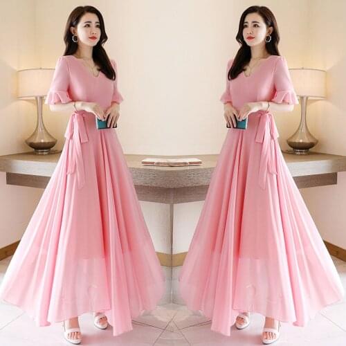 Elegant Plus Size Big Swing Long Sleeve V-neck Long Solid Color Chiffon Beach Dresses Summer Women Party Dress 9159