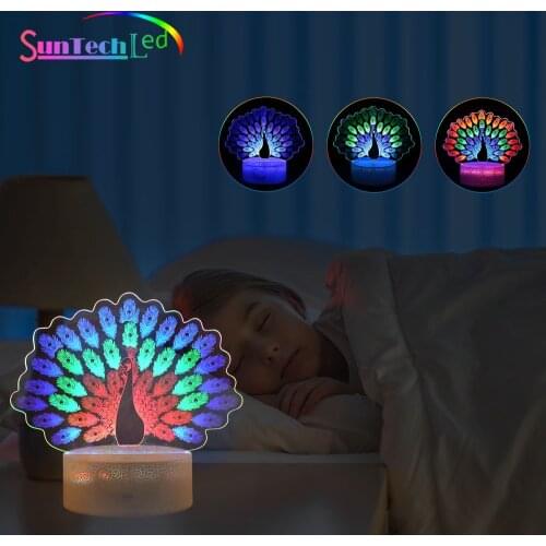 Suntech Peacock 3D Night Light, Touch Control Illusion LED Night Lamp,3D Peacock Animal Light Kids Gift Creative Bedroom Decor