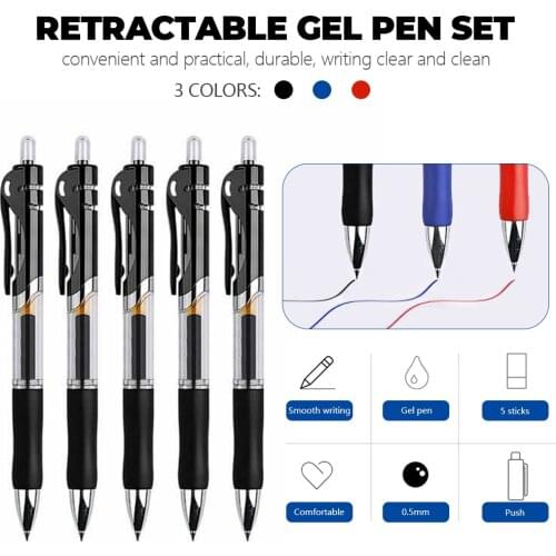 5 Pcs 0.5mm Retractable Gel Pen 3 Colors Ball Point Pen School Office Large Capacity Pens Students Writing Refills Rod Gel Pen