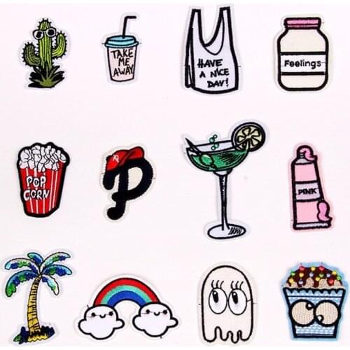 50pcs/lot Plant Drink Embroidery Patches Letters Clothing Decoration Accessories Diy Iron Heat Transfer Applique Patches