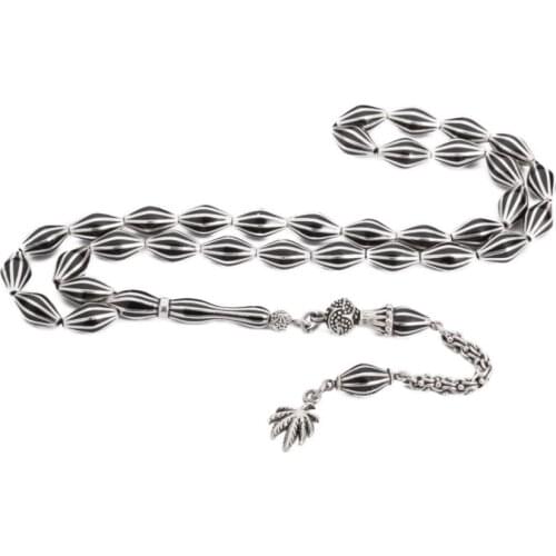 Natural Jet Stone Prayer Bead With Silver Tassel Men Rosary Islamic Tasbih With Palm Tassel 925 Sterling Silver