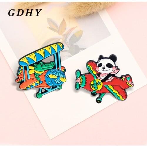 GDHY Color Aircraft Plane Brooch Crocodile Panda Fly an Airplane Enamel Pin Backpack Clothes Badge Jewelry For Kids Friends