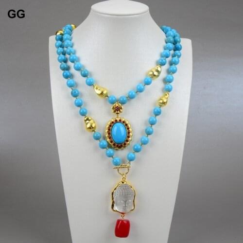 GG Jewelry 2Rows Blue Turquoises Necklace Keshi Pearl Clear Quartzs Buddha Head Red Coral Pendant Necklace 20" Religious Style