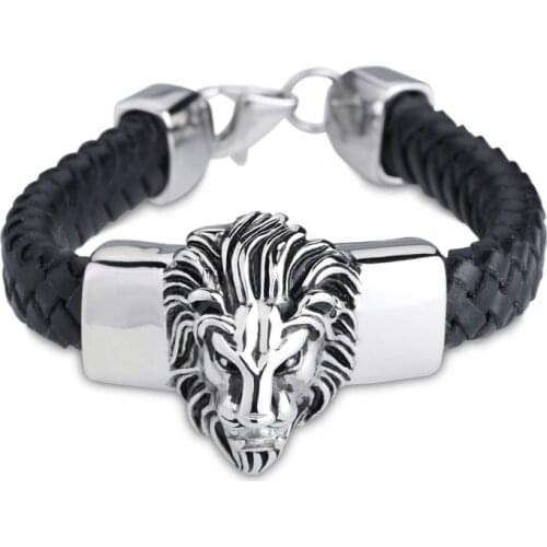 Hot Sale Bracelet Chain Polished Stainless Steel Black Leather Braid Silver Color Huge Lion Head Chain Rock Mens Bracelet Bangle