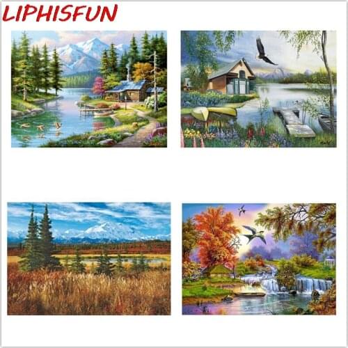 LIPHISFUN 5d diamond embroidery coss-stitch kits lake cabin diamond painting scenery pictures decor landscape craft home decor