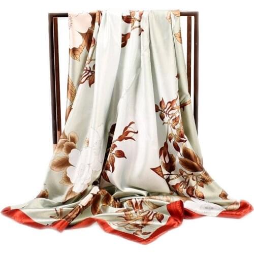 Leaves Silk Scarf Women Foulard 90*90cm Square Flower Head scarfs Ladies Elegant Shawl Wrap Female Hijab Flowers plant Scarves