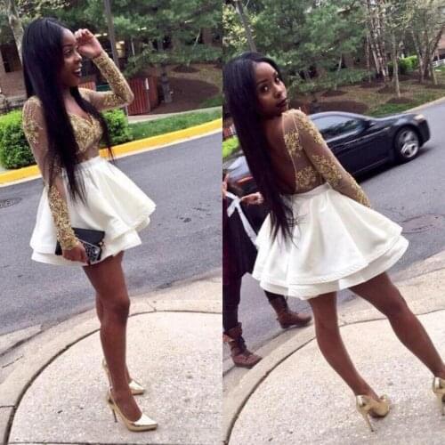 Mini Long Sleeve African Homecoming Dress 2021 A-Line V-Neck Gold Lace Appliques Short Party Prom Gown Sexy Backless Above Knee