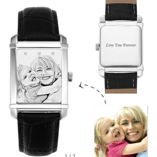 Rectangle Dial Mens Engraved Photo Watch 40*33mm Black Leather Strap - Sketch,Personalized Photo Watch,Custom Photo Watch