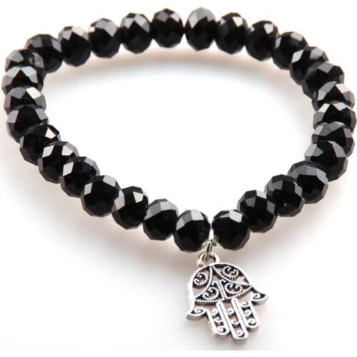 New arrival Free shipping 8mm crystal glass beads with hamsa hand charm ladies bracelets women stretch Bracelet