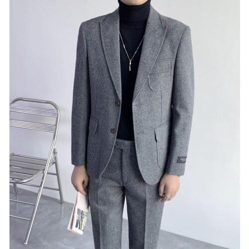 2021 Autumn Winter Wool Suits for Men 2 Pcs Set Business Casual Social Suit Men Groom Mens Clothing Blazers Pants Costume Homme