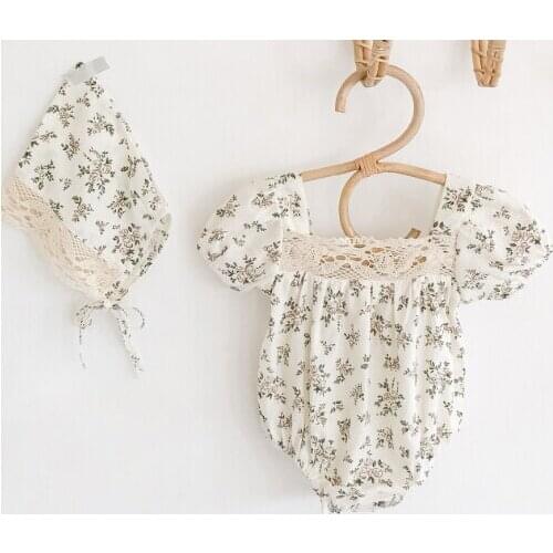 0-24M Lovely Baby Girls Halter Small Floral Romper Hats 2pcs Flowers Print Lace Short Puff Sleeve Jumpsuits