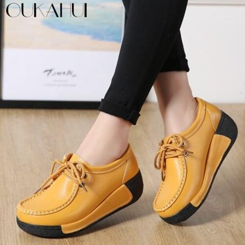 OUKAHUI 2018 Autumn New Genuine Leather Thick Bottom Flat Platform Shoes Women Breathable Round Toe Lace-Up Casual Shoes Women