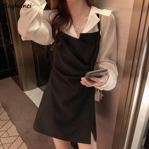 Long Sleeve Dress Notched Side Slit Mini Dresses Fake Two Pieces Spring Slim Elegant Chic Simple Loose Leisure Females Slender