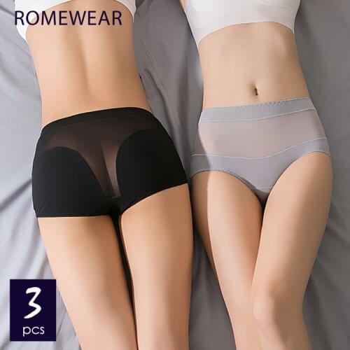 Sexy Translucent Lace Mid-Waist Womens Stretching Underwear Briefs Cotton Woman See Through Panties For Female Lingerie 3 pcs