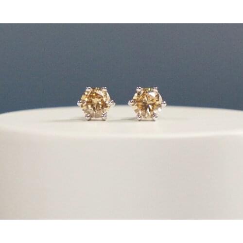 BOEYCJR 925 Classic 6 prongs Silver 0.5/1ct Champagne Moissanite VVS1 Fine Jewelry Diamond Stud Earring for Women Gift