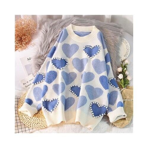 Cute Knited Sweater Women Pullover Knitted Tops Autumn 2020 Sweet Heart Shape Beaded Long Sleeve Loose Knitted Tops Jumper