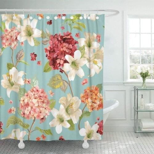 Fabric Shower Curtain with Hooks Bloom Autumn Hortensia and Lily Flowers Floral Shabby Chic Pattern in Blossom Bouquet