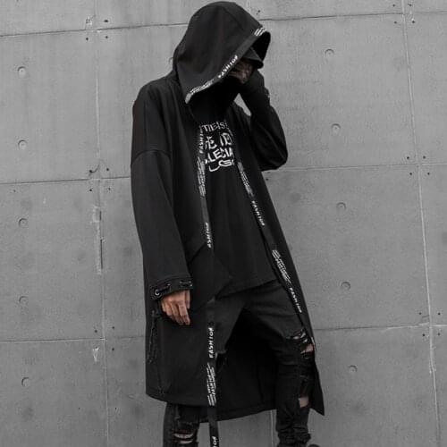 Autumn winter men asymmetric design ribbons patchwork hip hop punk rock trench coat male korean long cardigan vintage jackets