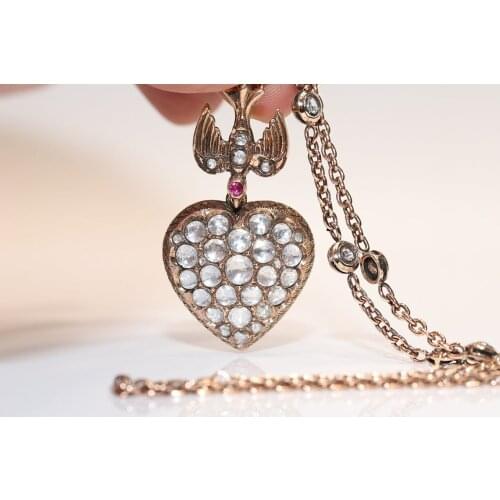 Vintage Original 8k Gold Natural Rose Cut Diamond Decorated Pretty Heart Style Necklace