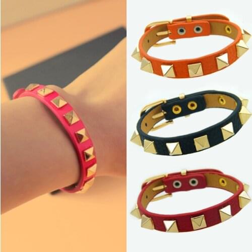 High Quality Punk Rivet Style Bangle Neutral Jewelry 9 Colors Adjustable Size Single Circle PU Leather Bracelet For Men Women