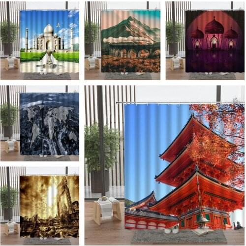 City Tall Buildings Shower Curtain Rain Street Road Starry Sky Pastoral Farm Train Mountain Scenery Bathroom Accessories Set