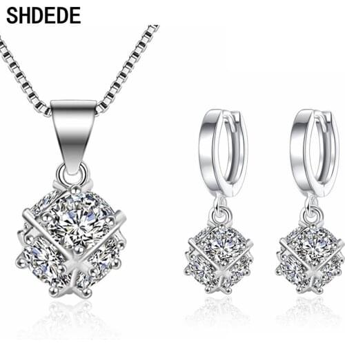 SHDEDE 925 Silver Jewelry Sets Pendant Necklace Earrings Women CZ Crystal Accessories Korean Fashion Party Gift -WH