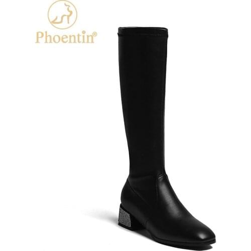 Phoentin Black Riding Boots Womens Knee High Long Boot Autumn Winter chunky Crystal heels female slip-on shoes FT1278