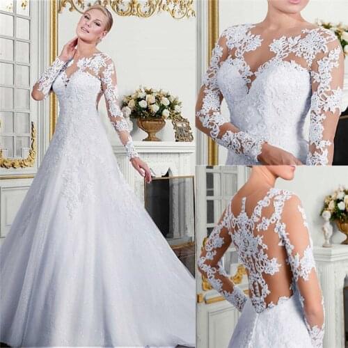 Sheer Long Sleeves Lace Appliques Wedding Dresses A-Line Long Natural Waistline Bridal Gowns Modest Vestidos De Mariee