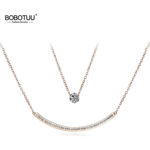 BOBOTUU Classic Cubic Zirconia Double Chain & Link Necklaces Jewelry Titanium Steel Rose Gold Chokers Necklace For Women BN18061