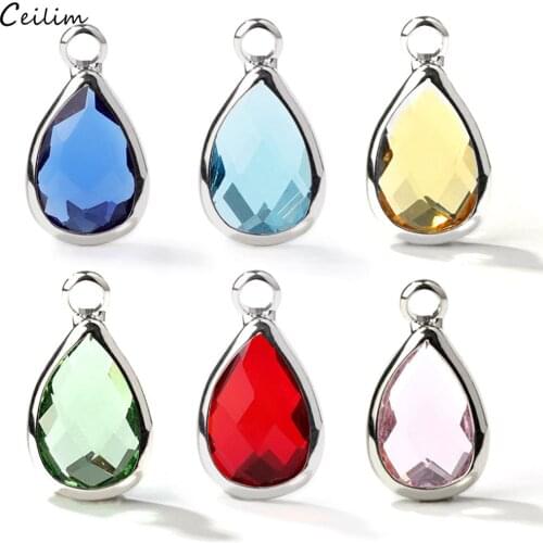 10pcs/lot Crystal Birthstone Charms for Handmade DIY Bracelet Making Silver Plated Small Water Drop Pendants Jewelry Accessories