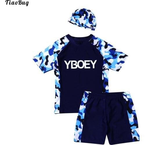 TiaoBug 3Pcs Kids Boys Swimsuit Stand Collar Short Sleeves Camouflage Print T-Shirt With Shorts And Cap Beach Pool Bathing Suits