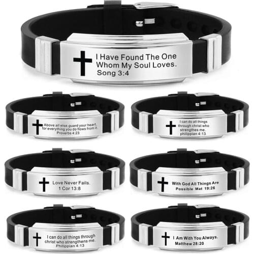 Fashion bracelet bible cross verse bracelet stainless bangles steel love never fails silicone strap bracelets adjustable goth