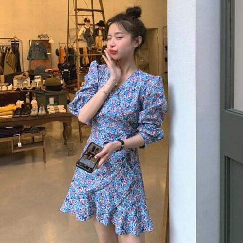 Floral Print Spring Mini Dress Women Vintage Ruffles A-Line Printed Sweet Party Dress V-Neck Long Sleeve Casual French Z416