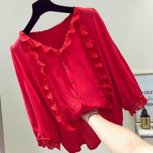 Red chiffon blouse women summer 2020 new lace trim chiffon shirt