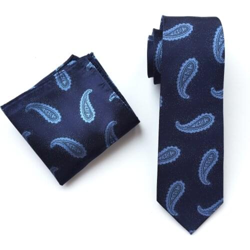 Fashion Mens Necktie Set Young Men Blue Paisley Cravat with Handkerchief